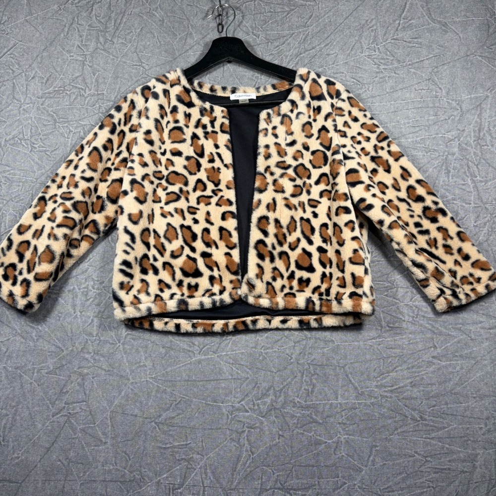 Calvin Klein Faux Fur Jacket Womens Small Tan Leopard Print Open Front Cropped